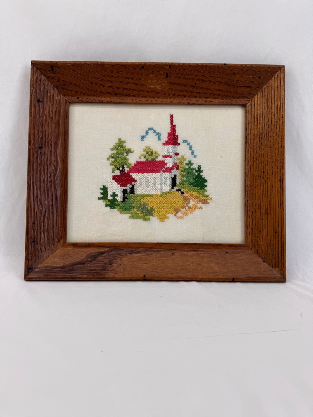 Vintage 1950’s Cottage Church Needlepoint Art Rustic Wood Frame Cottagecore